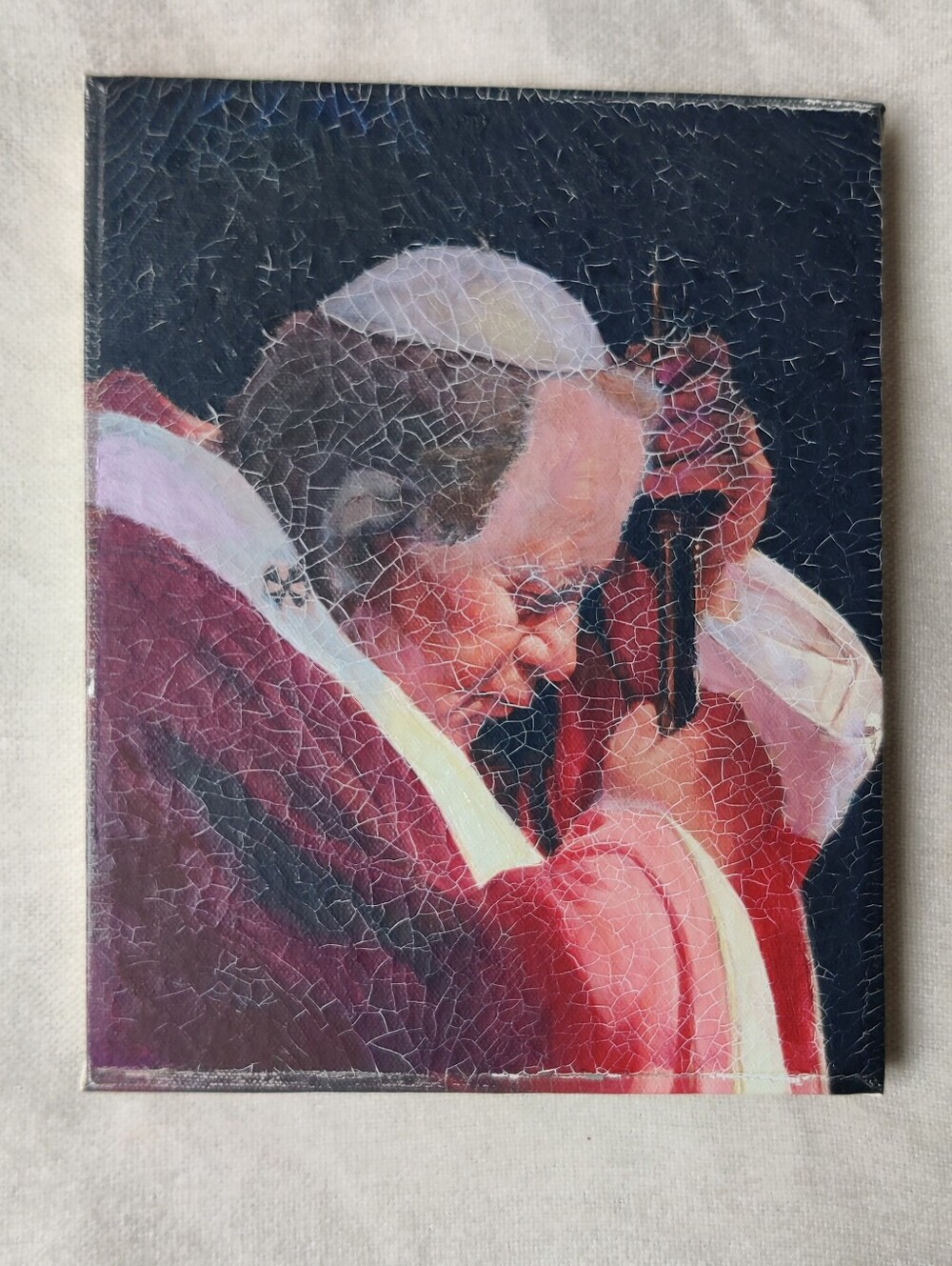 VTG Pope John Paul II Oil Painting Crackle 8x10 Papal Prayer Religious Catholic